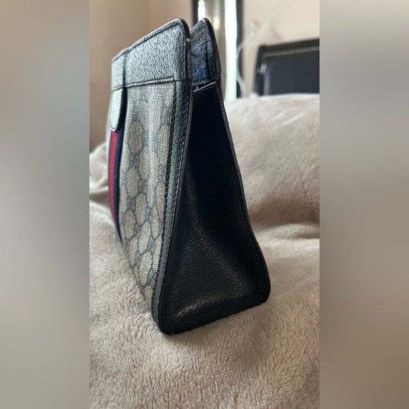 Beige and Navy GG Monogram Clutch with Striped Logo Accent - Picture 3 of 8